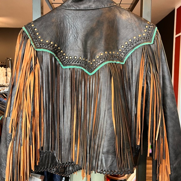 Scully Black Leather Fringe Jacket with Turquoise Trim - Picture 2 of 3